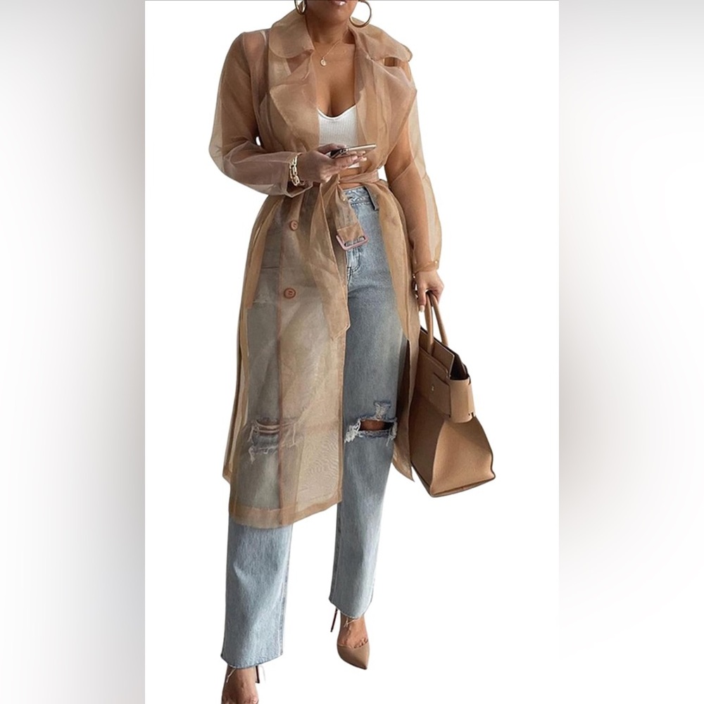 JLUXLABEL Sheer Mesh Belted Trench Coat
